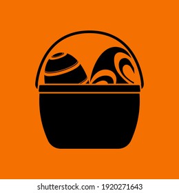Easter Basket With Eggs Icon. Black on Orange Background. Vector Illustration.