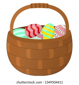 Easter Basket with Eggs icon. Happy Easter on white Background. Cartoon style. Vector Illustration.