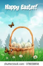 Easter basket with Easter eggs on a field, realistic Easter card. Vector illustration.