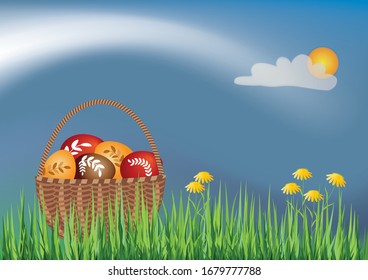 Easter basket with eggs on the grass with flowers