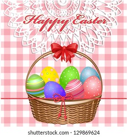 Easter basket with eggs on the tablecloth