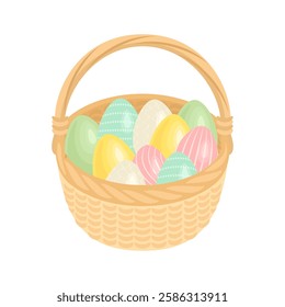 Easter basket with easter eggs painted in pastel colors. Vector cartoon flat illustration