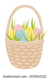 Cesta de Pascua con huevos y plantas. Tarjeta de bienvenida de Pascua dibujada a mano. Cesta de mimbre con huevos de colores y hierba verde. Ilustración de material vectorial.