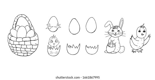 Easter basket with eggs and rabbit with chicken and hatching chick with broken eggs isolated on white background. Easter elements for designing invitations