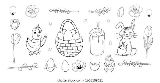 Easter basket with eggs and rabbit with chicken and hatching chick with broken eggs and tulips with pussy willow and easter cake isolated on white background. Easter elements for designing invitations