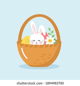 Osterkorb mit Eiern, Kaninchen und blühender Blume auf blauem Hintergrund, Vektorgrafik.