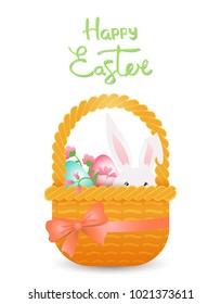 Easter basket with eggs, rabbit, flowers and bow. Happy Easter text. Vector illustration in flat style for banner, poster, greeting card.