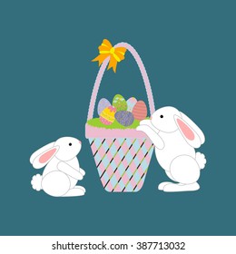Easter Basket with eggs. Easter Rabbit. Vector illustration
