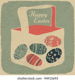 Easter basket with eggs. Retro style easter background.