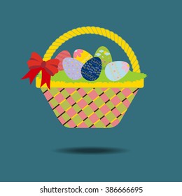 Easter Basket with eggs and ribbon. Vector illustration