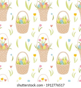 Easter Basket With Eggs Seamless Pattern. Hand Drawn Vector Seamless Pattern. Easter Holiday Decor. Wicker Basket, Coloured Eggs, Plants, Tulips. Wrapping Paper, Holiday Decor, Home Textile.