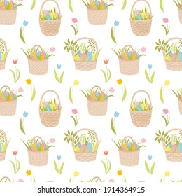 Easter basket with eggs seamless pattern. Hand drawn vector seamless pattern. Easter holiday decor. Wicker basket, coloured eggs, plants, tulips. Wrapping paper, holiday decor, home textile.