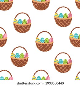 Easter basket with eggs seamless pattern. Springtime background in cartoon style for kids. Great for textile, gift paper or prints. Vector illustration