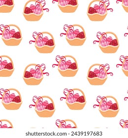 Easter basket with eggs seamless pattern. Hand drawn vector seamless pattern. Easter holiday decor. Wicker basket, painted eggs. Wrapping paper, holiday decor, home textiles