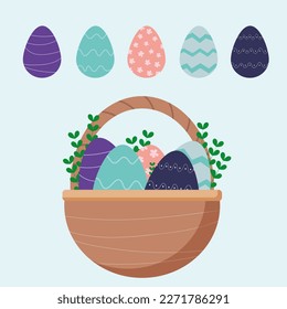 Easter basket with eggs, set of eggs, eggs with an ornament	
