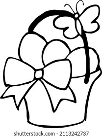 Easter basket with eggs and spring flowers. Happy Easter celebration party for baby, kids, boy or girl and family. Cute lovely cartoon illustration drawn by hand. Line art doodle.