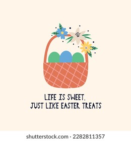 Easter basket with eggs and spring flowers. Happy Easter holiday concept for egg hunt design, print, social media, poster, postcard. Modern Flat Style
