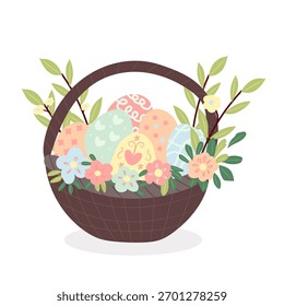 Easter basket with eggs and spring flowers in a festive style, perfect for bakery promotions, holiday invitations and seasonal design.