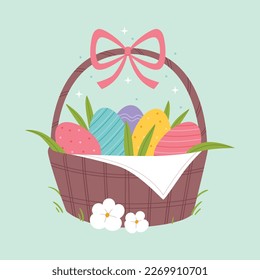 Cesta de Pascua con huevos. La pintura pastel de primavera. Las tradiciones familiares.