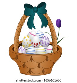 Easter basket with eggs. Tulip flower design. Colored vector illustration. Isolated background. Holy Easter symbol. This wicker basket with a bow is filled with decorated eggs. Idea for web design.