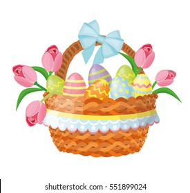 Easter basket with eggs and tulips. Vector illustration isolated on white background.