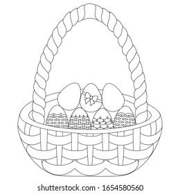 Easter basket with eggs. Vector illustration. Outline on an isolated background. Coloring book for children. Sketch. Holy Easter symbol. Wicker basket with decorated eggs. Idea for web design, books. 