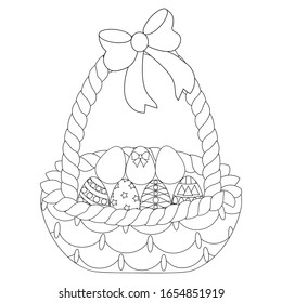 Easter basket with eggs. Vector illustration. Outline on an isolated background. Coloring book for children. Sketch. Holy Easter symbol. This wicker basket with a bow is filled with decorated eggs.
