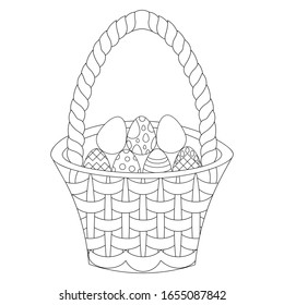 Easter basket with eggs. Vector illustration. Outline on an isolated background. Coloring book for children. Sketch. Holy Easter symbol. Wicker basket with decorated eggs. Idea for web design, books. 