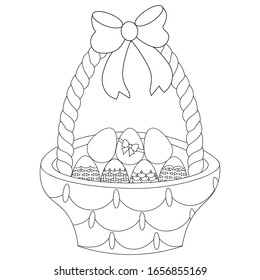 Easter basket with eggs. Vector illustration. Outline on an isolated background. Coloring book for children. Sketch. Holy Easter symbol. This wicker basket with a bow is filled with decorated eggs. 