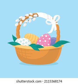 Easter. Basket with Easter eggs. Vector image. 