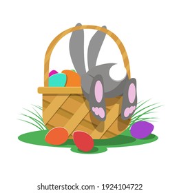 Easter basket with eggs in which sits the Easter Bunny. Happy Easter. Stock vector illustration