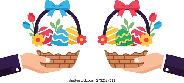 Easter basket exchange scene with two hands holding wicker baskets filled with decorated eggs, flowers and bows. Flat vector illustration on white background.