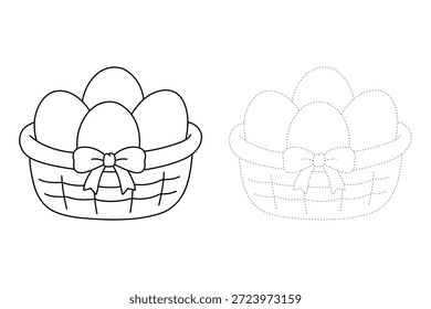 Cesta de Páscoa preenchido com ovos coloridos decorados colorir Página para Páscoa Worksheet Atividade imprimível. Traço e cor de ovo de páscoa, vetor. Página de colorir de ovos de Páscoa para atividades infantis.