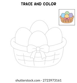Cesta de Pascua llena de coloridos huevos decorados página para colorear para la actividad de hoja de cálculo de Pascua imprimible. Trazo y color Huevo de Pascua, Vector. Dibujo para colorear de Huevos de Pascua para niños.