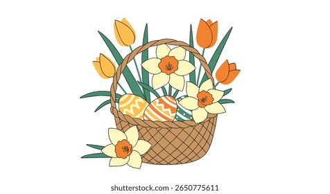 Cesta de Páscoa cheia de narcisos tulipas e ovos decorados
