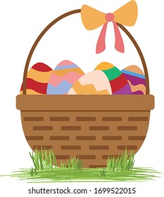 easter basket filled with decorated easter egg and a bbow