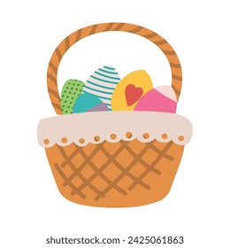 Easter basket filled with hand painted pastel Easter Eggs over a white background