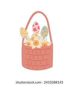 Easter basket flat design flowers coloured eggs