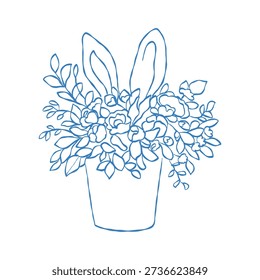 Easter basket with flowers and bunny ears. Cute Easter decor. Hand-drawn vector outline clip art of a flower pot. Line art illustration in blue.