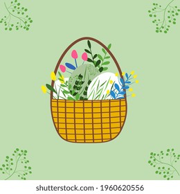 Easter basket with flowers and eggs. Design of postcards, invitations, advertising. Easter eggs decorated with flowers and leaves. Vector illustration.