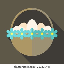 Easter basket with flowers and eggs. Flat stylized illustration with shadow