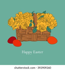 Easter basket with flowers and eggs in her side. congratulation.