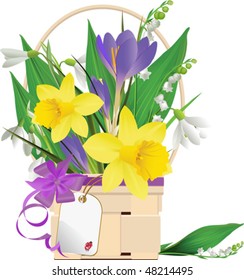 Easter basket with flowers. Vector illustration scale to any size. All elements and textures are individual objects.