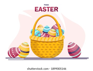 Easter basket full of colored eggs. Congratulatory easter background.