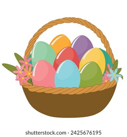 Easter basket full of colorful easter eggs and pretty flowers. Graphic element design for decoration.