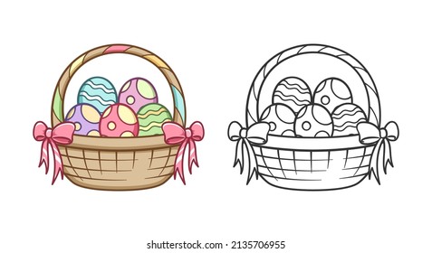 Easter basket full of eggs cartoon and outline clipart set