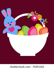 Easter basket full on colorful eggs and Easter bunny