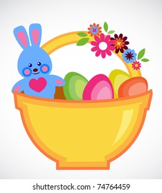 Easter basket full on colorful eggs and Easter bunny