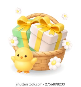 Easter basket with gift boxes and cute yellow chick. 3D holiday illustration