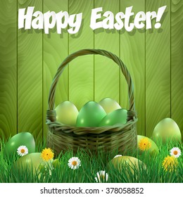 Easter basket with green Easter eggs, wooden background. Vector illustration.